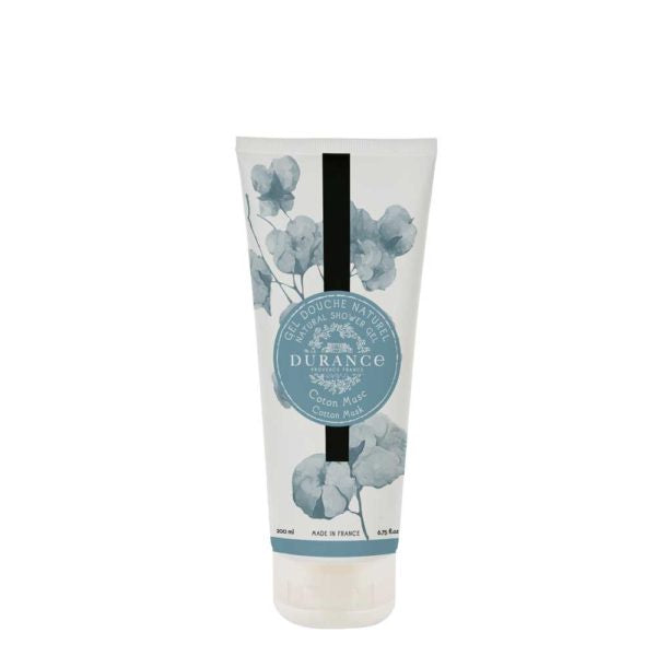 Durance cotton musk shower gel in white bottle with blue cotton flower detail and black stripe, blue logo. 
