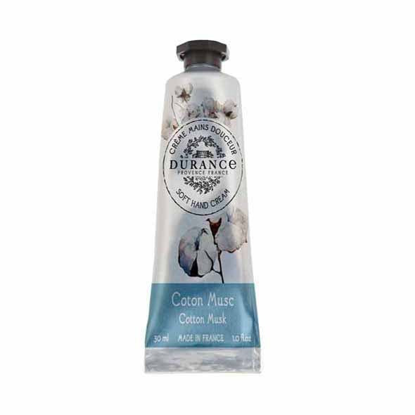 Silver hand cream tube with delicate cotton flower water colour detail and blue logo.