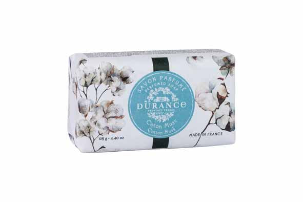 Triple milled cotton musk soap by durance, with cotton flower water colour detail on paper wrapping. Beautiful paper wrapping, perfect as a gift. 